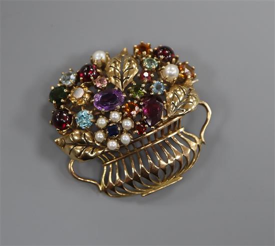 A yellow metal and gem set basket of flowers or giardinetto brooch, 40mm.